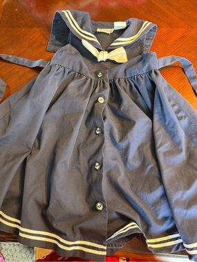 Vintage Navy Sailor-Style Button Dress with Cream Trim and Cape